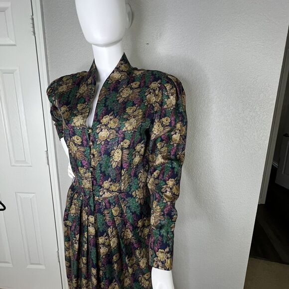 Vtg 80s Liz Claiborne Size 10 Floral Button Up Puff Sleeve Cottage Midi Dress - Picture 8 of 11